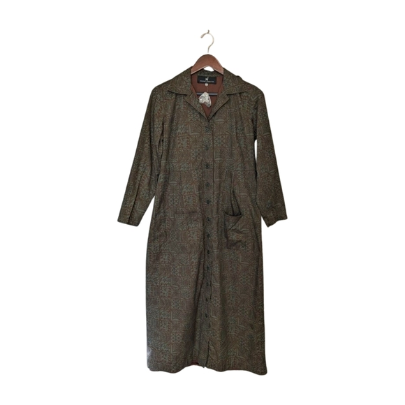 Peruvian Connection Women's Pima Button Down Maxi Coat Dress Green Brown S - Picture 1 of 6